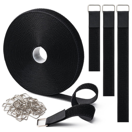 1" x16Ft Hook and Loop Straps with 25 Metal Buckles, Adjustable Fastening Cable Straps, Free Cut Length, Reusable Nylon Cable Ties for Organizer or Storage, Black