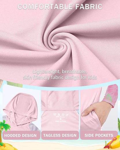 DRONIRING Boys Rash Guard Swim Hoodie, UPF 50+ UV Sun Protection Long Sleeve Fishing Shirt, Kids Youth SPF Water Shirts Pink