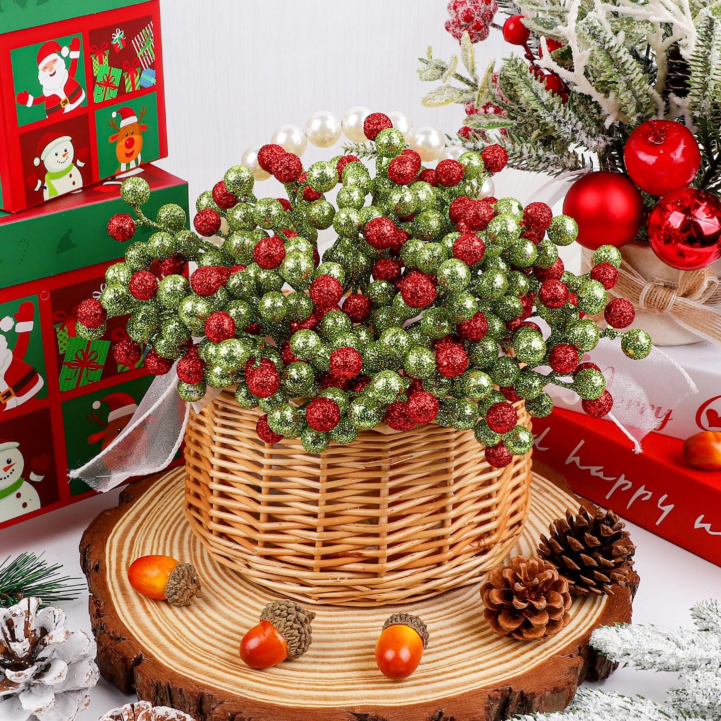 Fangoo 20 Pack 7 Inch Artificial Green Red Berry Picks for Christmas Tree Burgundy Green Red Berries Stems Holly Berry Branches Ornaments Wreath Crafts Wedding Holiday Season Winter Home Decor