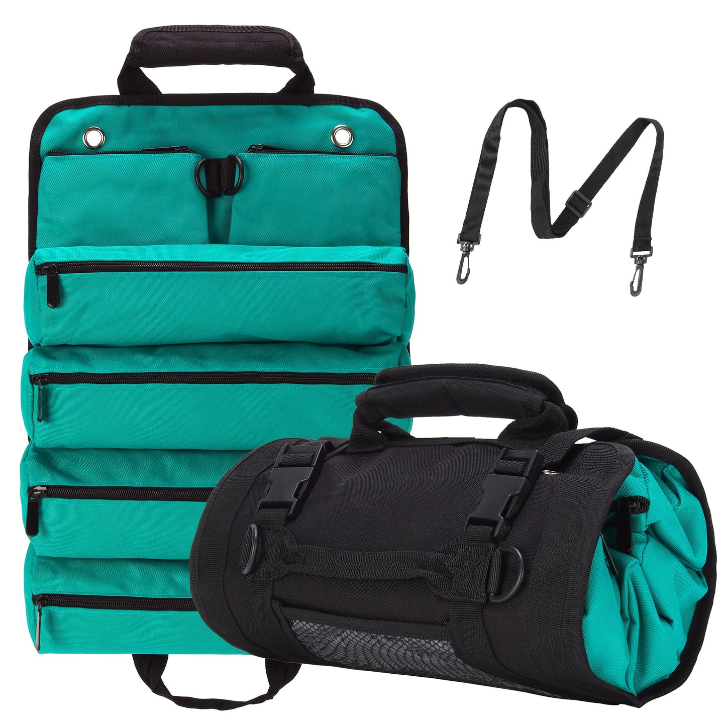 W WINTMING Tool Roll Bag, Tool Bag Organizer, Tool Carrier Roll UP Storage Pouches with 6 Zipper Pockets & Strap, Gifts for Men Mechanic Electrician Hobbyist (Cyan)
