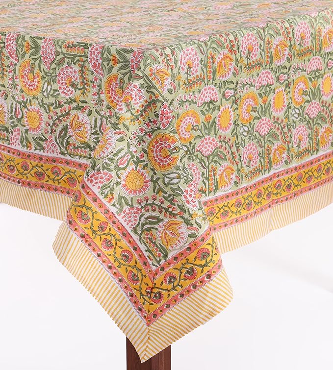 ATOSII Clover Green 100% Cotton Rectangle Boho Fall Tablecloth, Handblock Floral Table Cloth Linen for Kitchen Dining I Parties Wedding Outdoors Christmas Thanksgiving I 72 X 140 Inches I 12 Seater