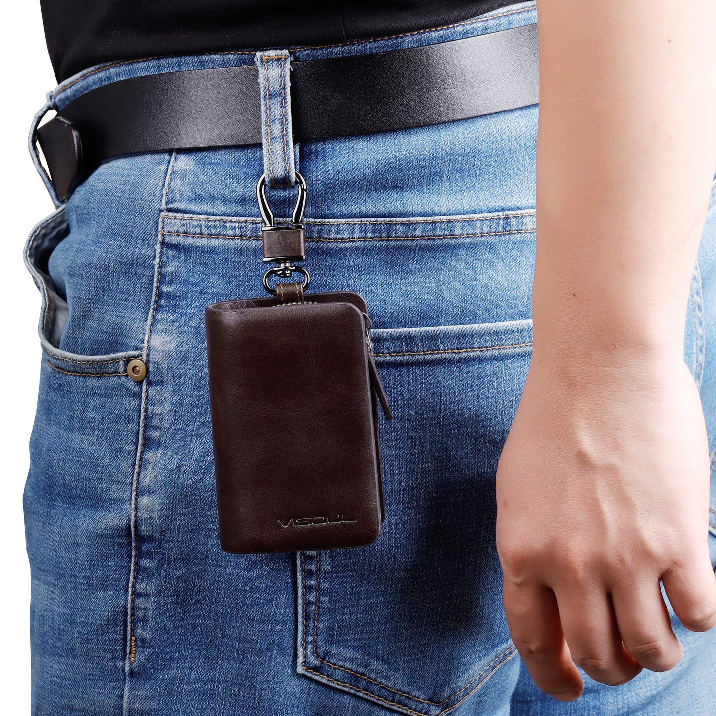 VISOUL Car Key Case Holder Double Zipper, Leather Car Smart Key Fob Case with Keychain for Men and Women-Coffee