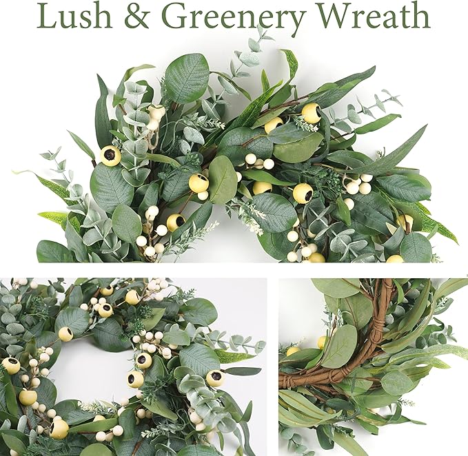 Wreaths for Front Door 22 Inch, All Season Greenery Wreath Olive Eucalyptus Leaves and White Mixed Berry for Indoor Outdoor Farmhouse Home Porch Wall Window Festival Wedding Decor
