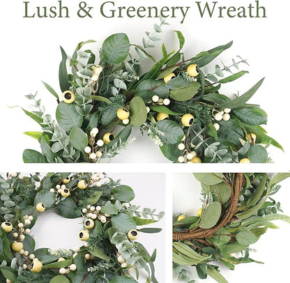 Wreaths for Front Door 22 Inch, All Season Greenery Wreath Olive Eucalyptus Leaves and White Mixed Berry for Indoor Outdoor Farmhouse Home Porch Wall Window Festival Wedding Decor