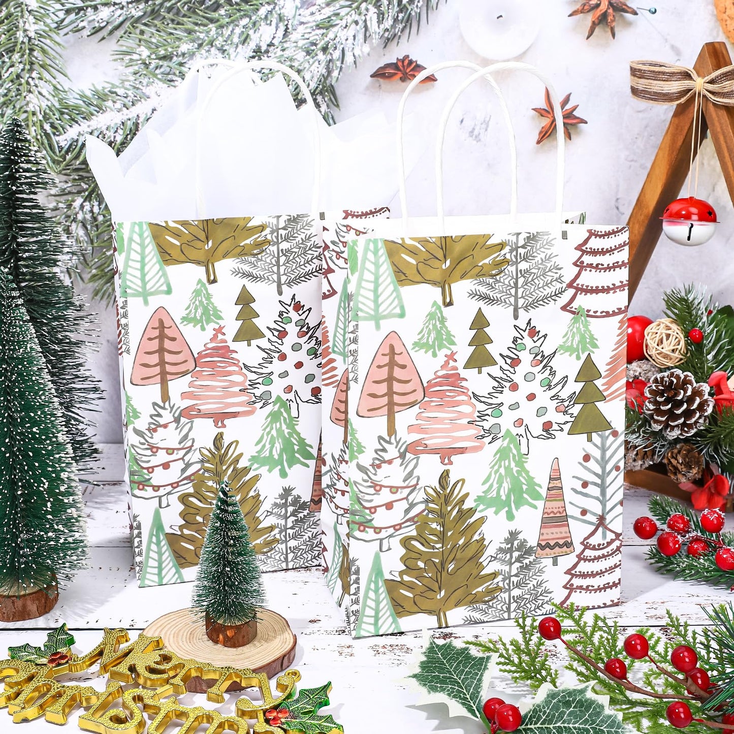 JarThenaAMCS 24 Pcs Christmas Boho Paper Gift Bags with Tissue Paper Xmas Pine Tree Party Favor Bags with Handle Winter Goodie Candy Treat Bags Medium Size Bulk Bags for Wedding Birthday Holiday