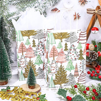 JarThenaAMCS 24 Pcs Christmas Boho Paper Gift Bags with Tissue Paper Xmas Pine Tree Party Favor Bags with Handle Winter Goodie Candy Treat Bags Medium Size Bulk Bags for Wedding Birthday Holiday