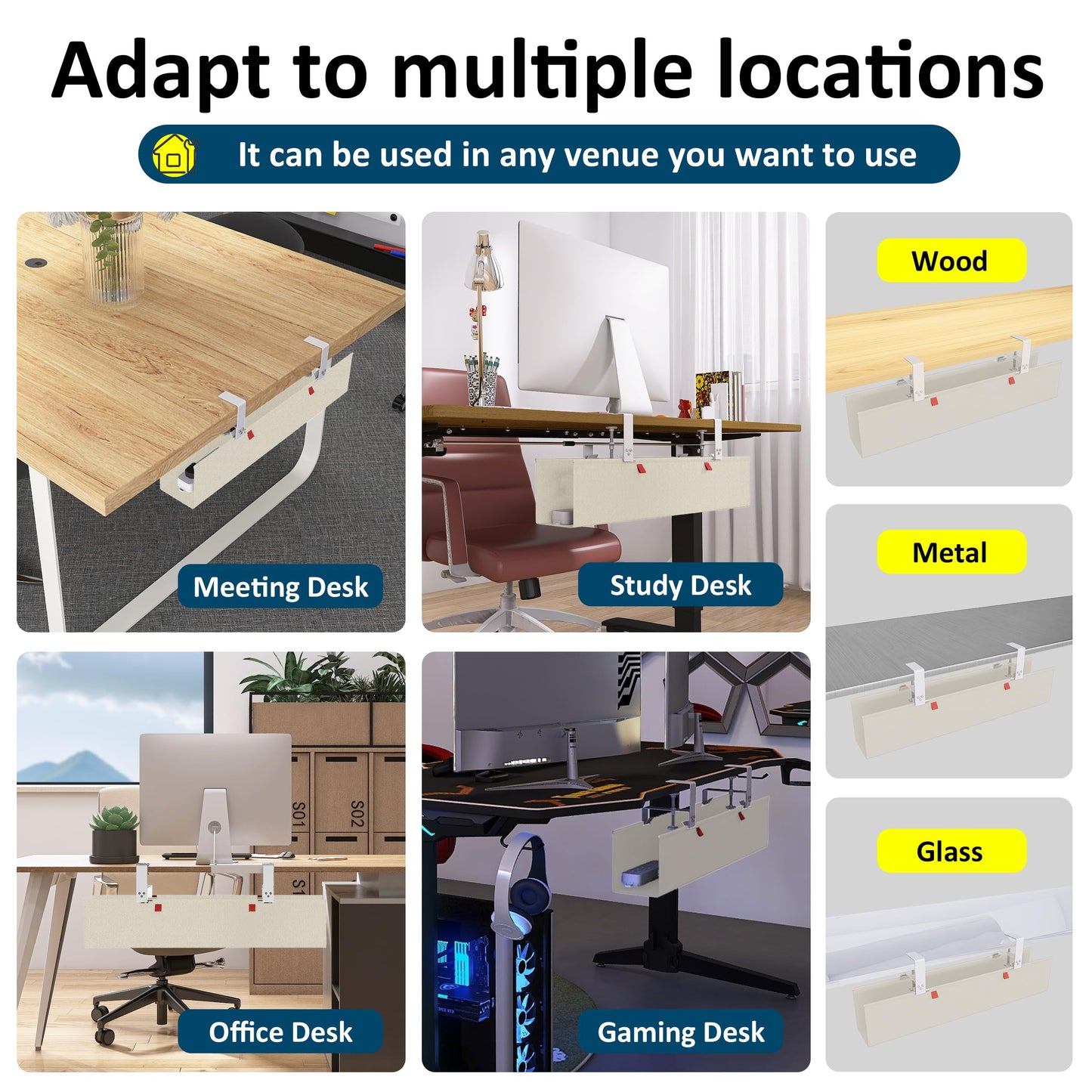 28" Small Under Desk Cable Management Tray No Drill, Compact Clamp On Cord Organizer for Dorm & Small Desk, Anti-Sag Oxford Fabric Wire Hider, Power Strip Holder (Beige, 28.6")