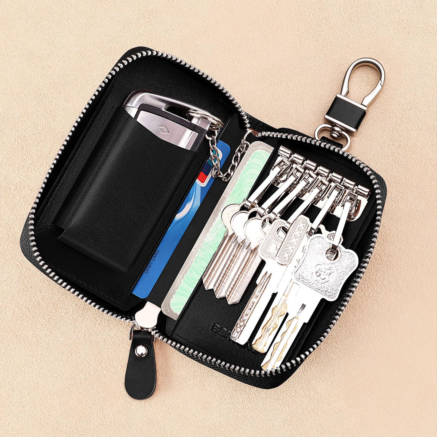 Teisson Car Key Case for Men and Women, Black Genuine Leather Card Holder Wallet Keys Pouch Organizer Bag with 6 Keychain Hooks, 3 Cards Slot (Black w/keychain)