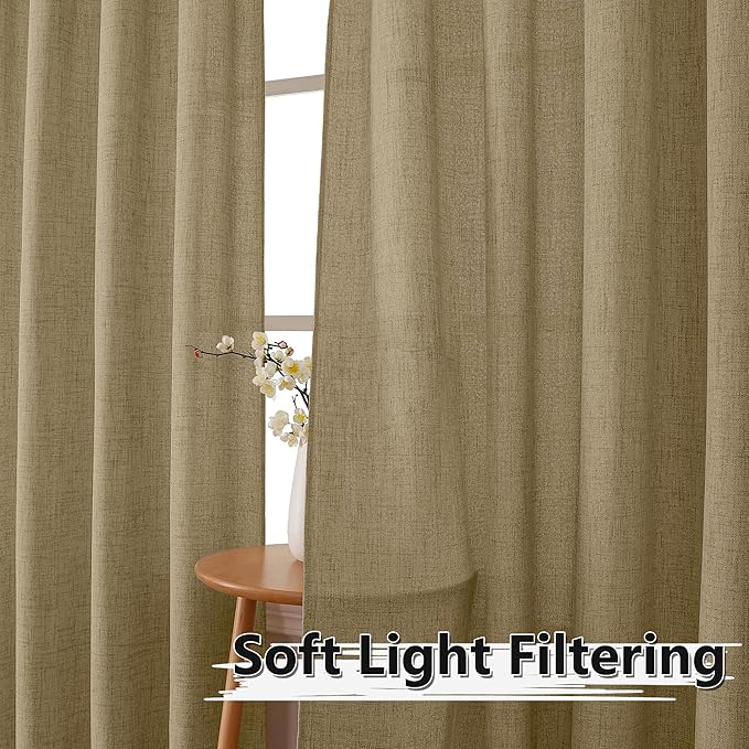 Tollpiz Linen Curtains Bedroom Rod Pocket Semi Sheer Curtain Burlap Light Filtering Thick Linen Drapes for Living Room, 54 x 84 inches Long, Taupe, Set of 2 Panels