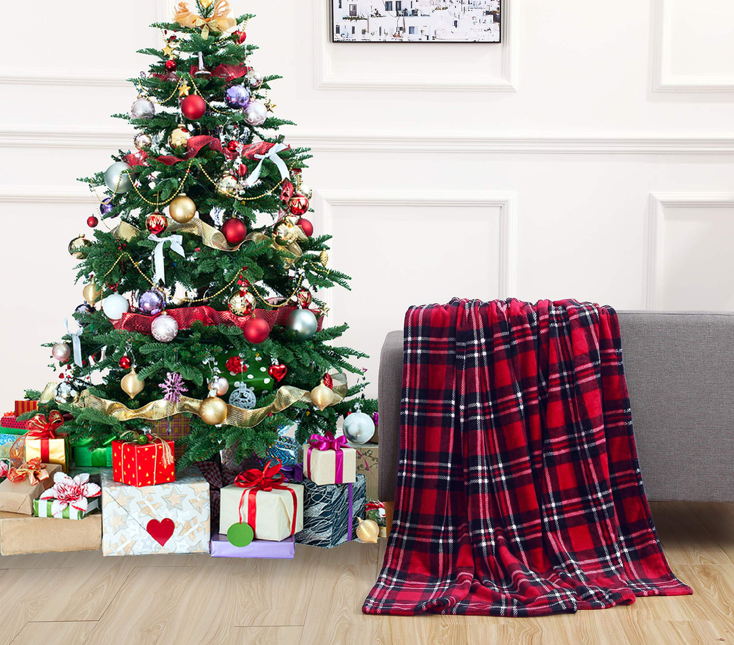 Elegant Comfort Velvet Touch Ultra Plush Christmas Holiday Printed Fleece Throw/Blanket-50 x 60inch, (Plaid)