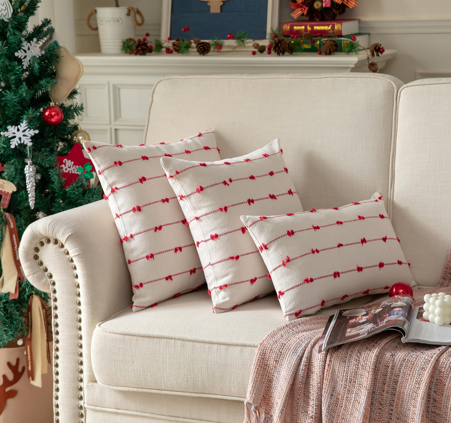 Caflife Boho Christmas Throw Pillow Covers 18x18 inches Beige and Red, Set of 2 Modern Farmhouse Christmas Decorations Pillow Covers for Couch Sofa Bed, Living Room