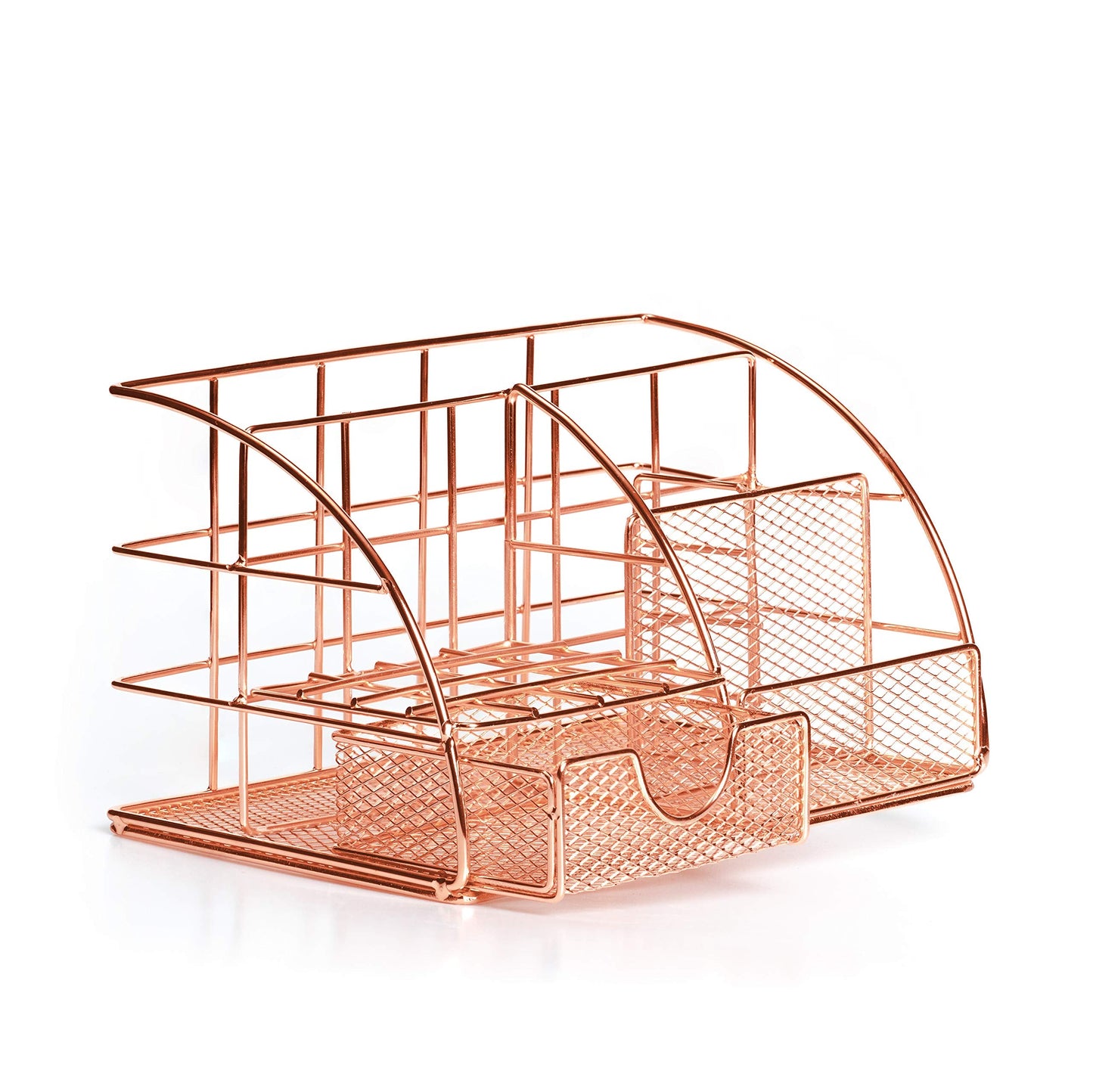 Rose Gold Desk Organizer for Women Cute Home Office Accessories & Supplies Decor, Girly Desktop Stationary Essentials Organization Set, Mesh Caddy Storage 5 Compartments +1 Mini Sliding Drawer