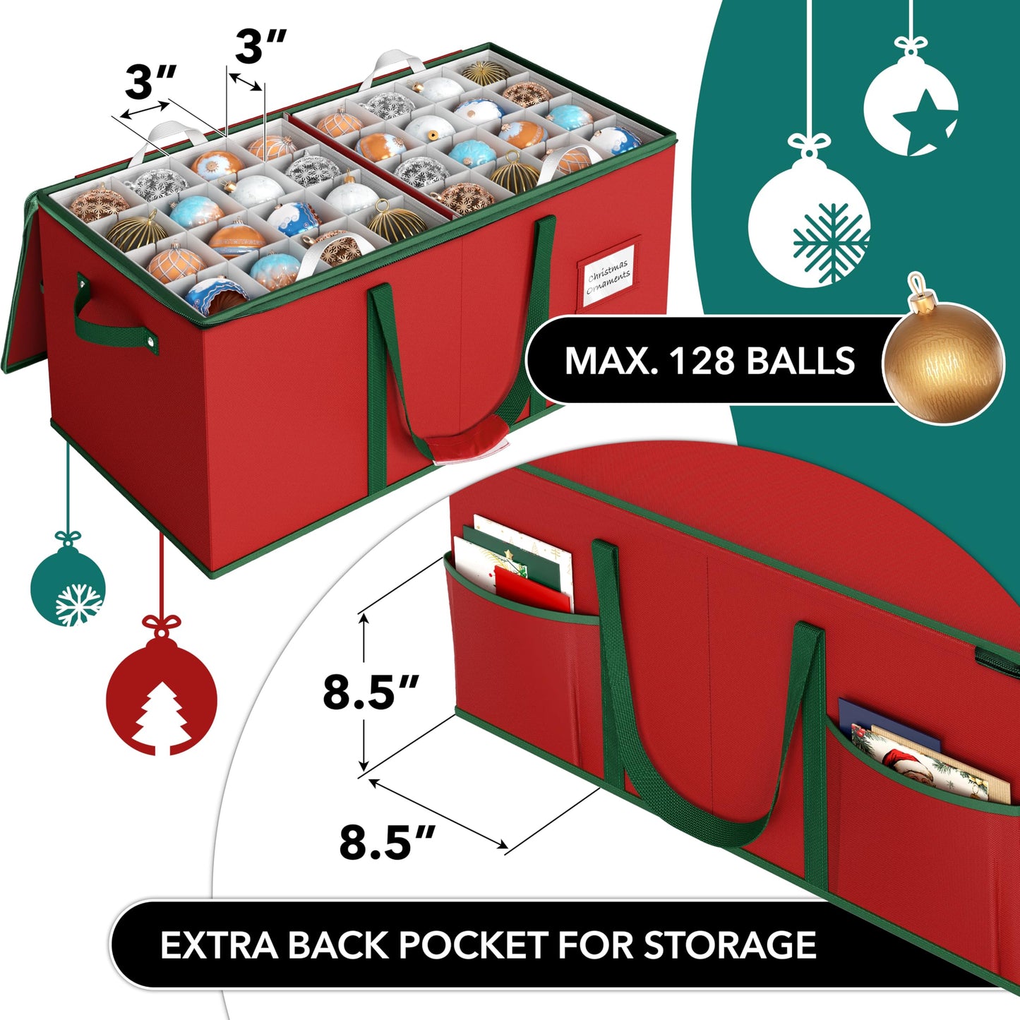 Simple Houseware Heavy-Duty Large Christmas Ornament Storage Box with Adjustable Dividers, Stores up to 128 Ornaments, Zipper Lid, Red