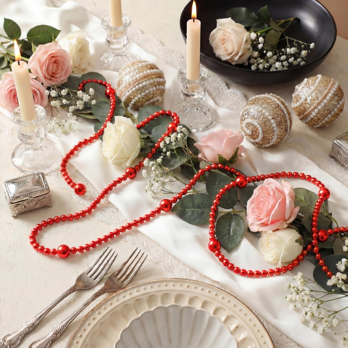 Yalikop 11.8 ft Red Faux Pearl Beads Garland for Wedding Pearl Garland Strand Chain Wedding Decoration for Floral Centerpieces Bridesmaid Party Favor Mantel Fireplace Stairs