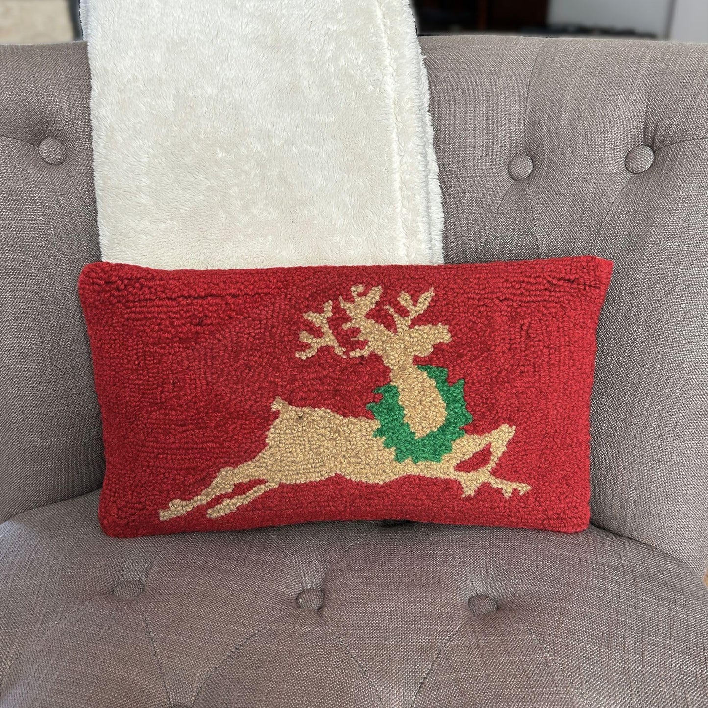 Decorvo Hand Hooked Christmas Pillow - 9X16 inches Throw Pillow for Couch or Dorm (Reindeer)