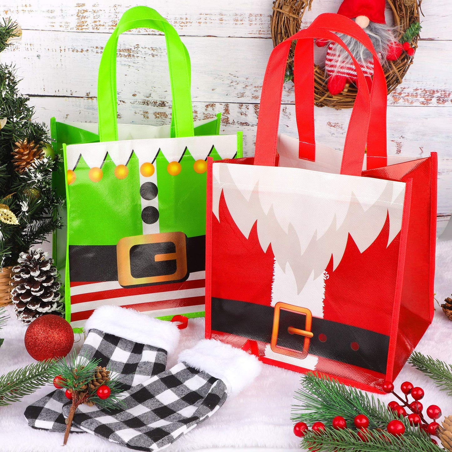 Aneco 12 Pack Christmas Non-woven Bags 9.8 x 7.8 x 9.8 Inches Santa Claus Elves Suit Prints Xmas Gift Bags Holiday Present Party Bag Non woven Treat Storage Sack for Christmas Party Celebrations