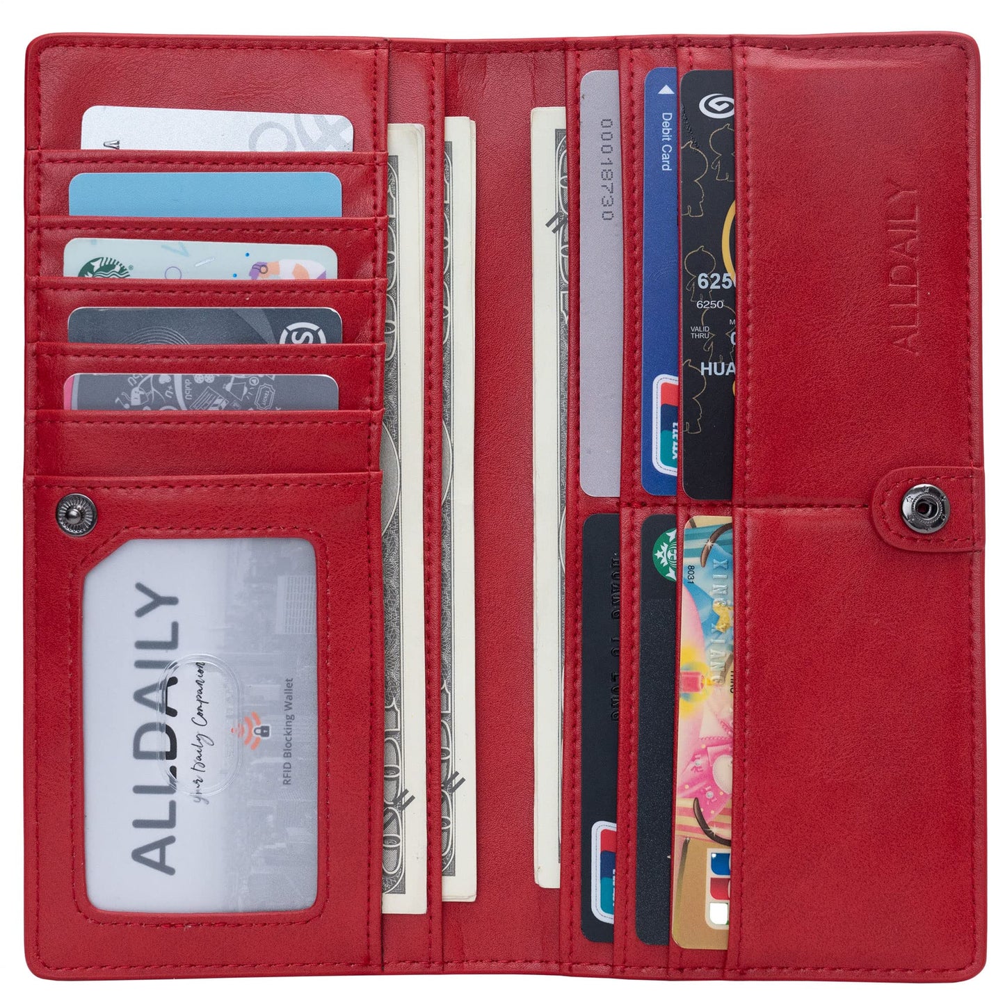 Alldaily Ultra Slim Thin Women Wallet RFID Blocking Credit Card Holder Bifold Long Ladies Billfold (Red)