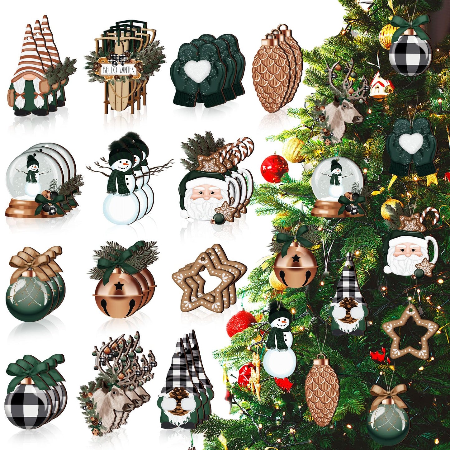 Huwena 40 Pcs Christmas Wooden Ornaments Winter Decorations for Xmas Tree Gingerbread Nutcracker Snowman Gnome Wood Cutouts for Small Tree Wreath Decor(Hunter Green,Winter Wonderland)