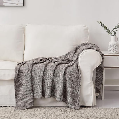 Longhui bedding Coffee Knitted Throw Blanket for Couch, Soft, Cozy Machine Washable 100% Cotton Sofa Knit Blankets, Heavy 3.0lb Weight, 51 x 63 Inches, Coffee and White Color.
