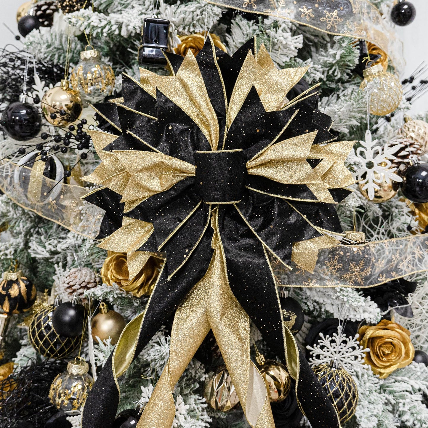 Hismir Christmas Tree Topper Bow, 53x13 Inches Large Christmas Bow with Glitter Streamer, Decorative Ribbon Bows for Xmas Tree Wreath Door Festival Home Decor(Black & Gold)