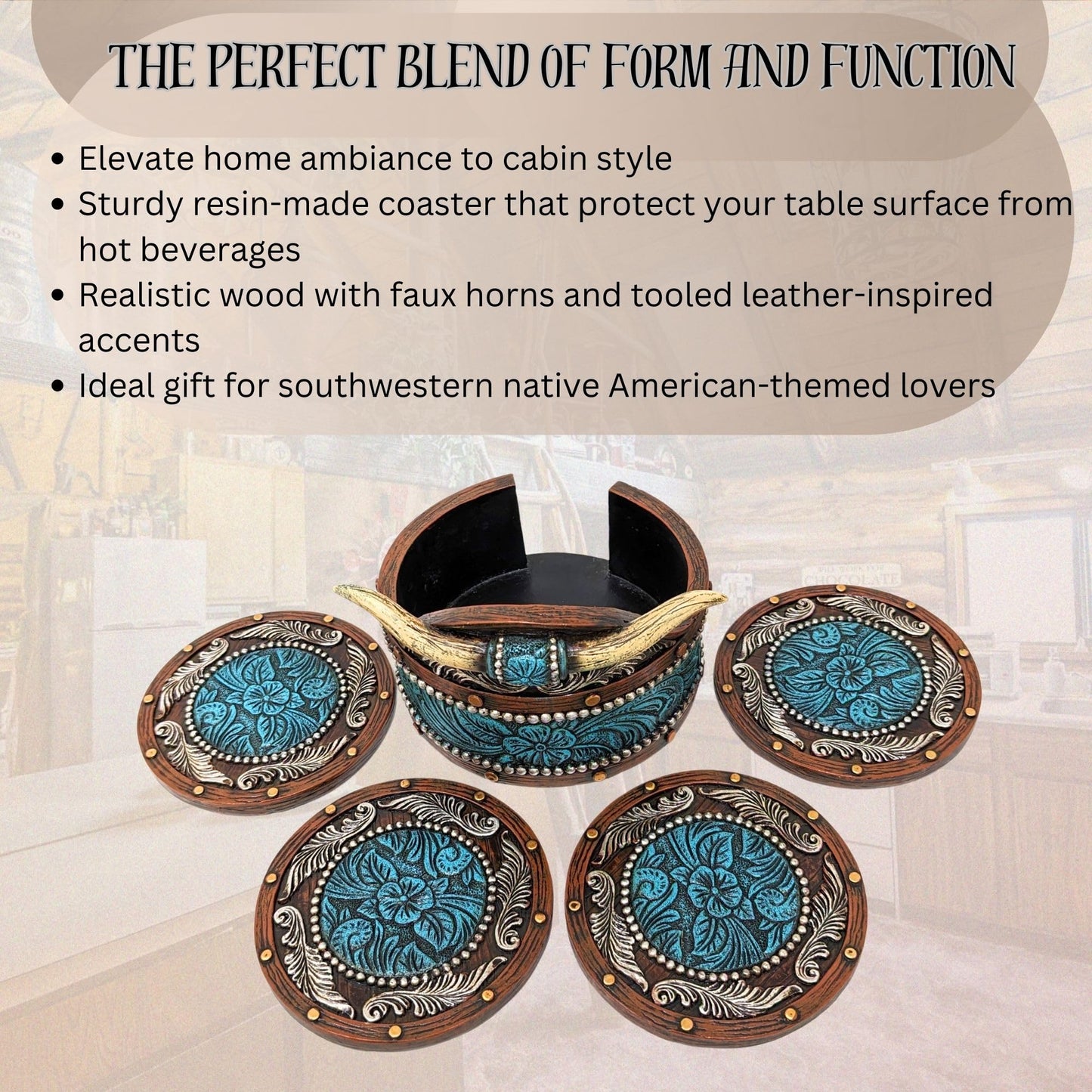 BestGiftEver Rustic Southwestern Coasters Set: Faux Horn & Tooled Leather-Inspired Western Home Decor, Lodge, Cabin - Unique Gift for Cowboy Ranch Theme Enthusiasts