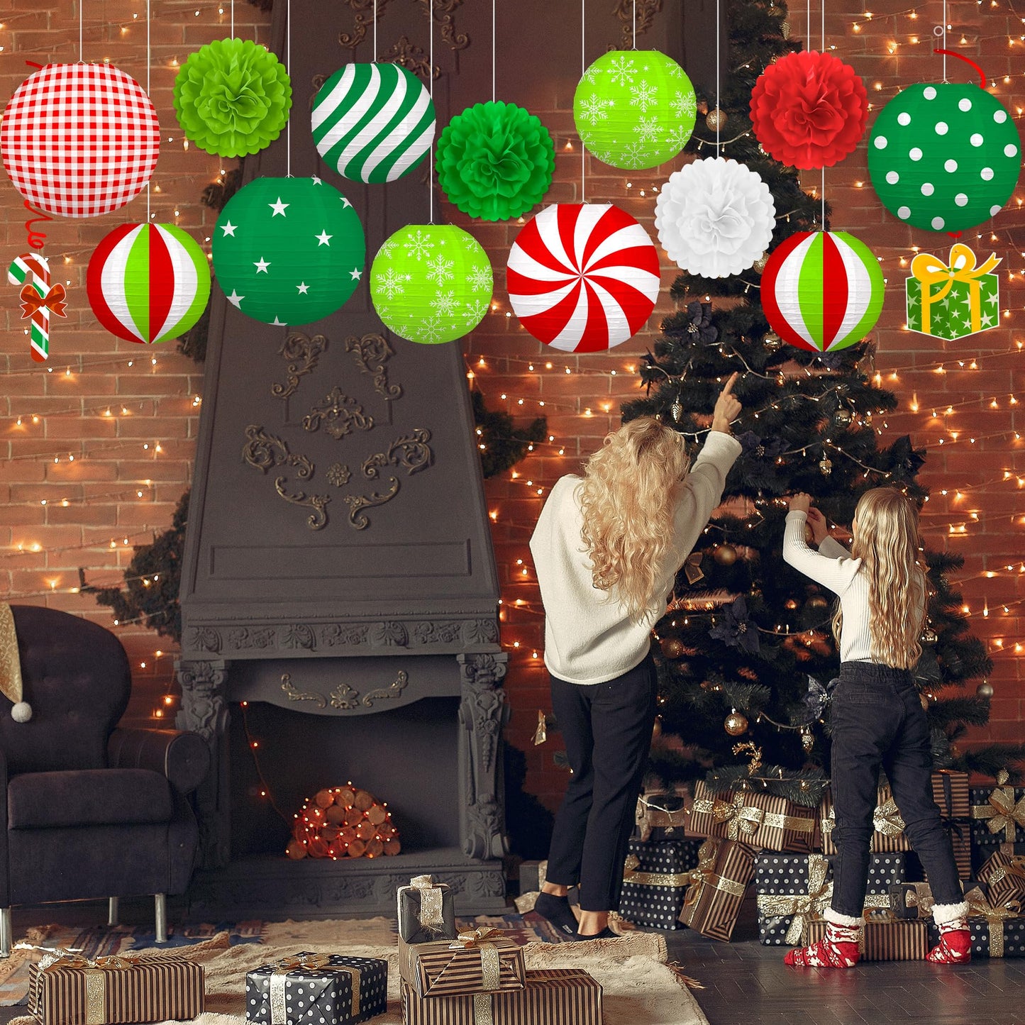 Renbuzhu 15PCS Christmas Decorations Ornaments Set – 9 Red White Green Paper Lanterns, 4 Pom Poms, 2 Hanging Swirls for Indoor, Home, Xmas Party, Porch Decor