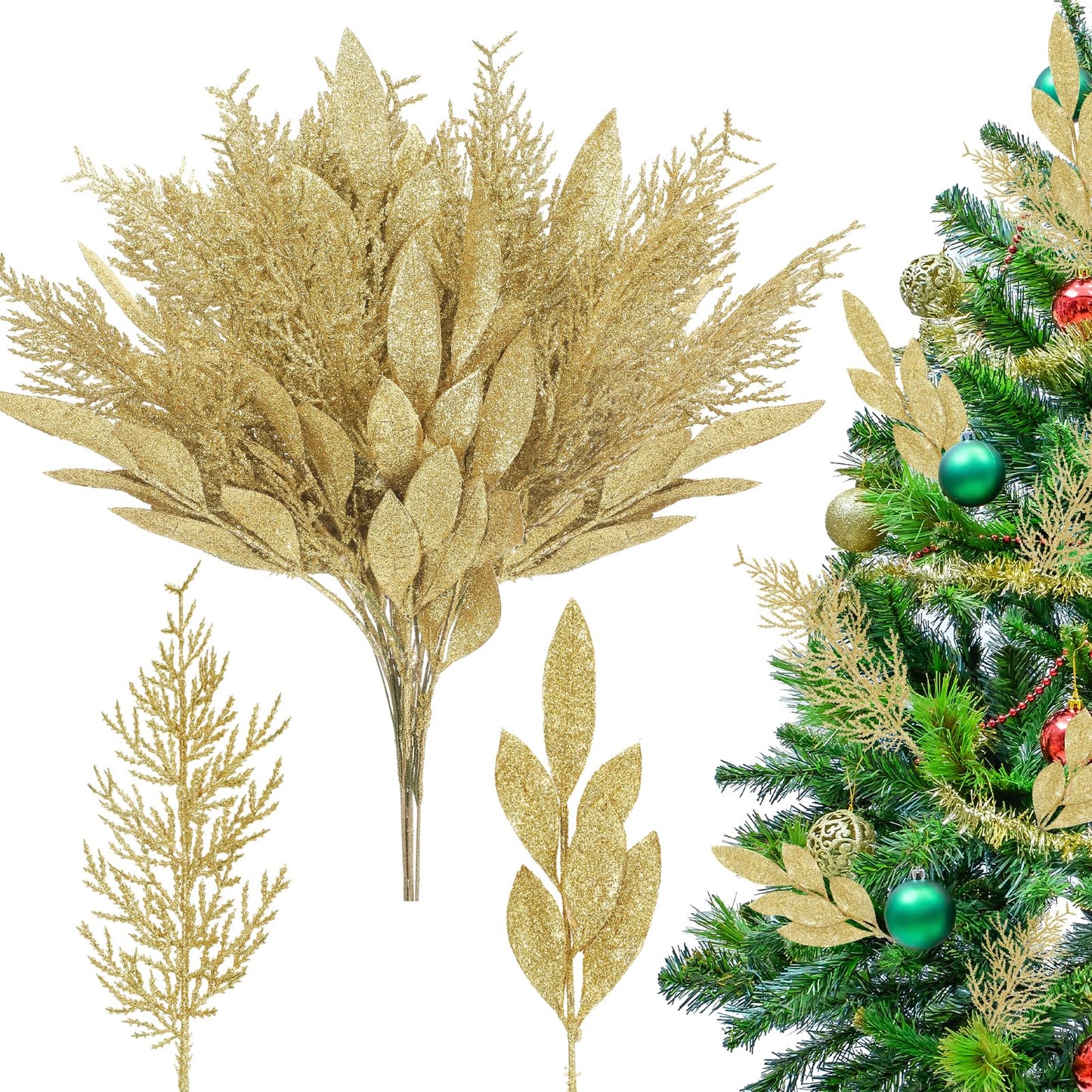 Hoteam 30pcs Gold Christmas Picks Glitter Bay Leaf Ornaments Velvet Gold Glittered Cedar Picks Faux Winter Floral Stems for Xmas Tree Wreaths Centerpieces Holiday Seasonal Wedding Decoration