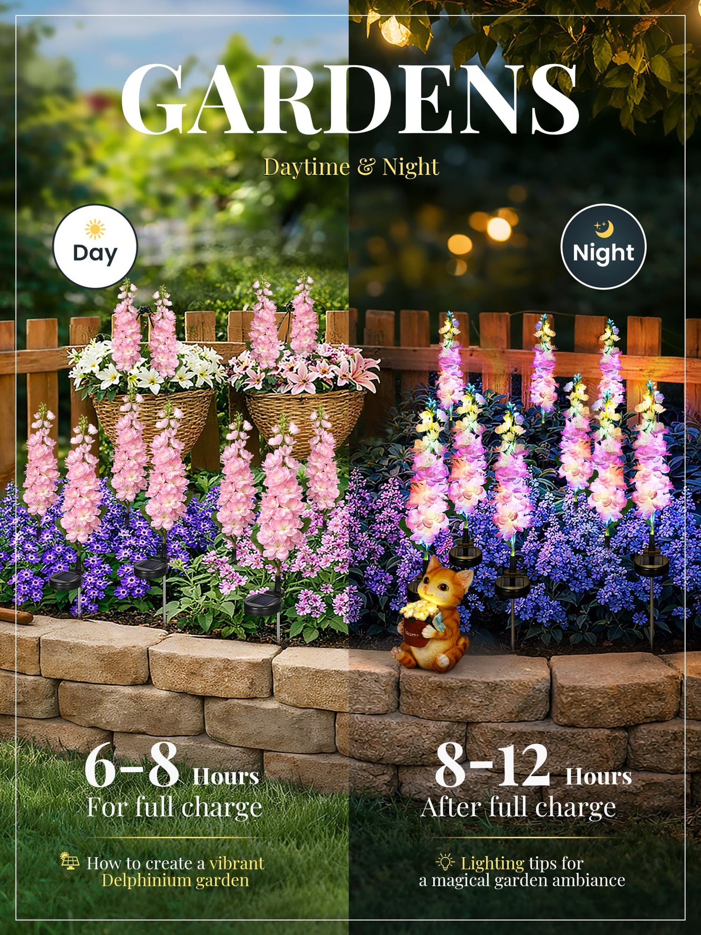 GIGALUMI Solar Lights Outdoor for Garden Decor, 3 Pack Solar Flower Lights Waterproof, 2 Lighting Modes Delphinium for Pathway,Yard, Patio Decoration, Gardening Gifts for Women (Pink)