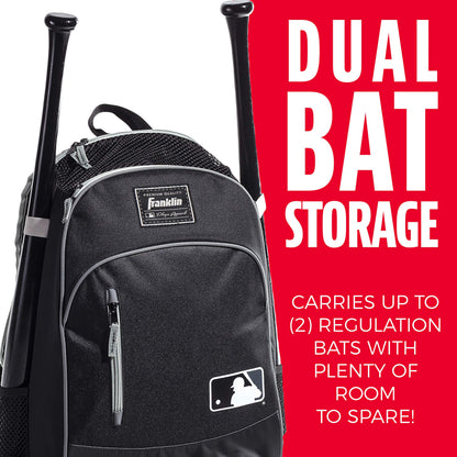 Franklin Sports Kids Baseball Bag - Youth Tball + Baseball Backpack - Boys + Girls Bat Pack - Youth Bat + Equipment Bag - Black/Gray