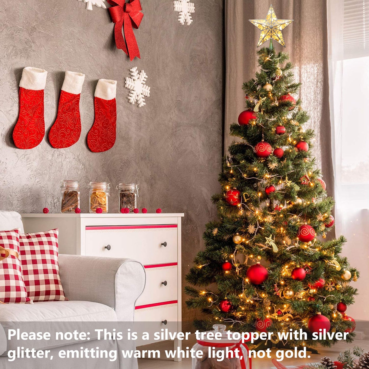 ODEETRONIC Star Christmas Tree Topper, 9.5in UL Certified 3D Star Tree Topper Lights, Double Sided Christmas Tree-top with 10 Count Incandescent Warm White Lights for Xmas Tree New Year Home, Silver