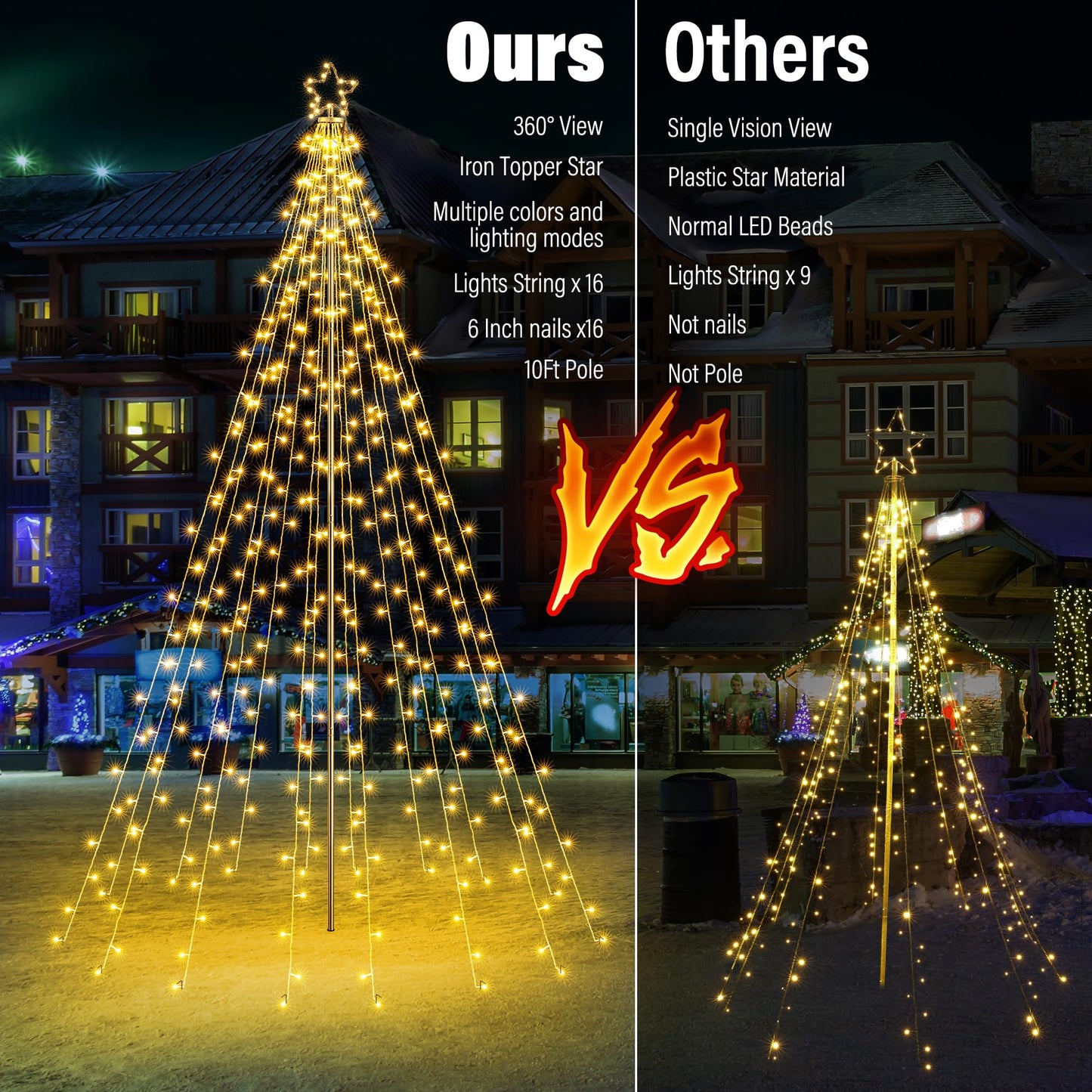 Flacchi Christmas Outdoor Star String Lights - Pole Set with Remote, Multiple Lighting Modes, Timer, and Waterproof Feature (Warm White, 10FT/404LED)