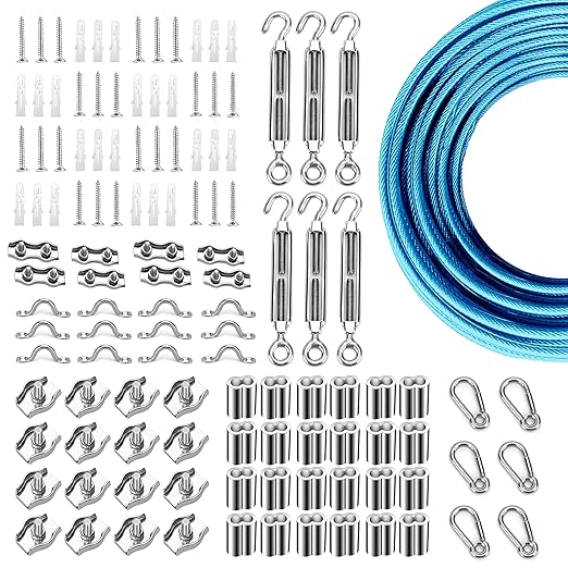 Globe String Light Suspension Kit, Outdoor Light Guide Wire, Vinyl Coated Stainless Steel Steel Cable，Include 300ft Transparent PVC and 304 Stainless Steel Wire Cable, Turnbuckle and Hooks