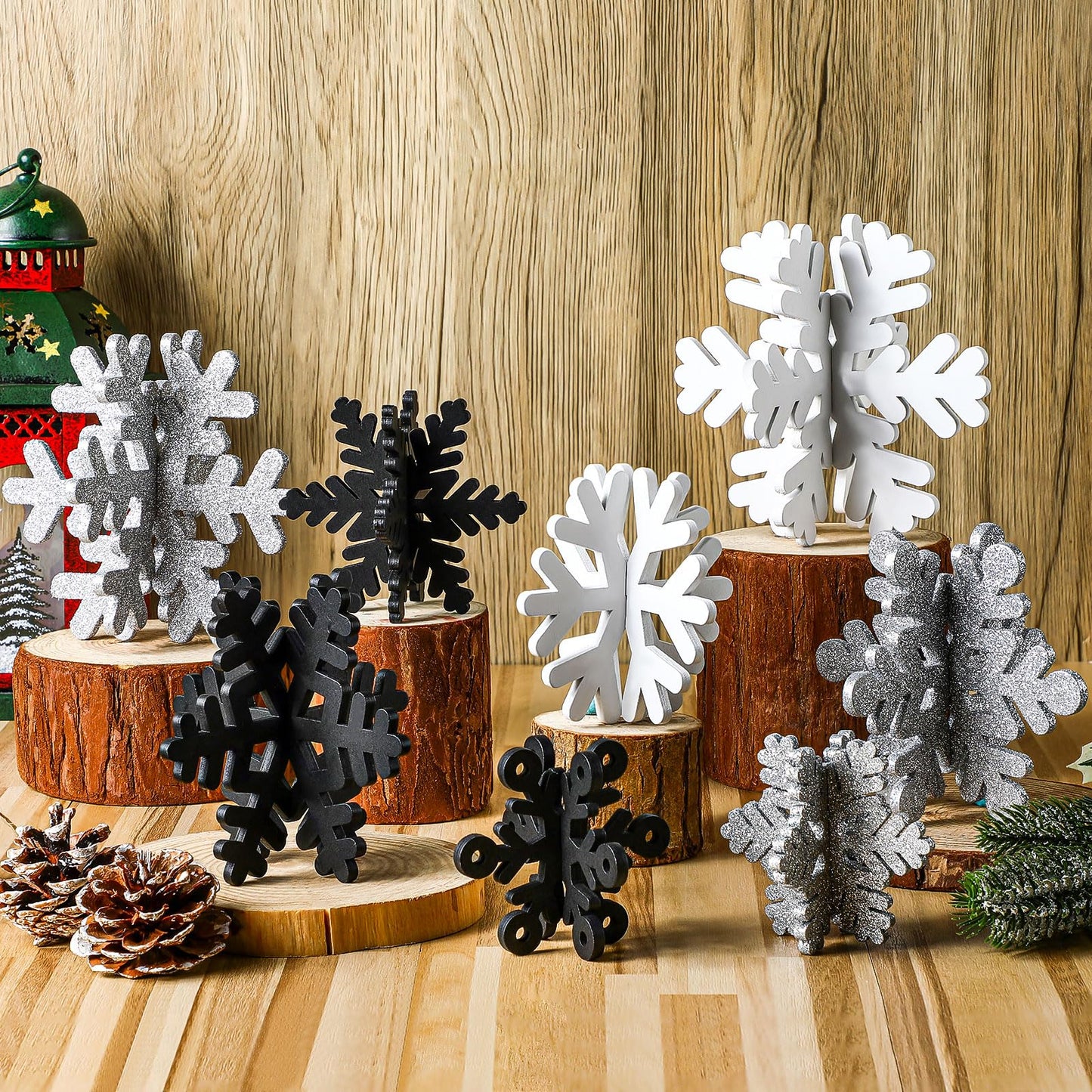 Wenqik 16 Pcs Winter Wooden Snowflake Decor Christmas Winter Snowflake Tabletop Decorations 3D Snow Table Signs Standing Centerpiece Xmas Tiered Tray Decorations for Party(White, Black, Silver)
