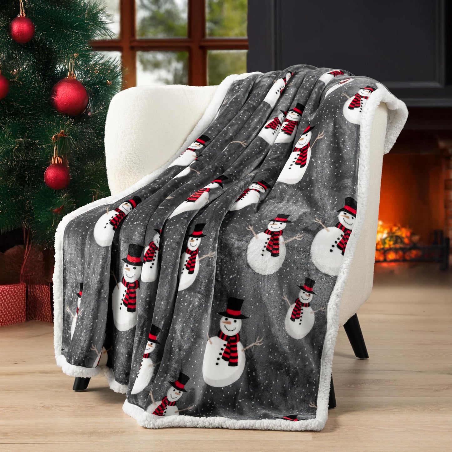PAVILIA Premium Christmas Sherpa Throw Blanket, 50x60, Grey Snowman Cozy Fleece Holiday Blanket, Reversible Plush Winter Throw for Couch & Bed, Ultra Soft Warm