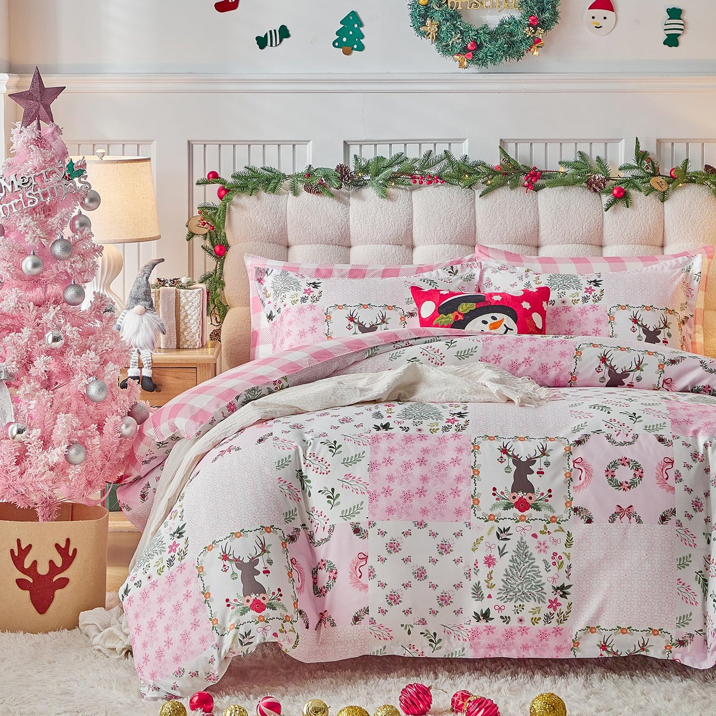 Joyreap 3pcs Christmas Duvet Cover Set King, Pink n White Xmas Patchwork Design Comforter Cover Set, Includes 1 Duvet Cover and 2 Pillow Shams