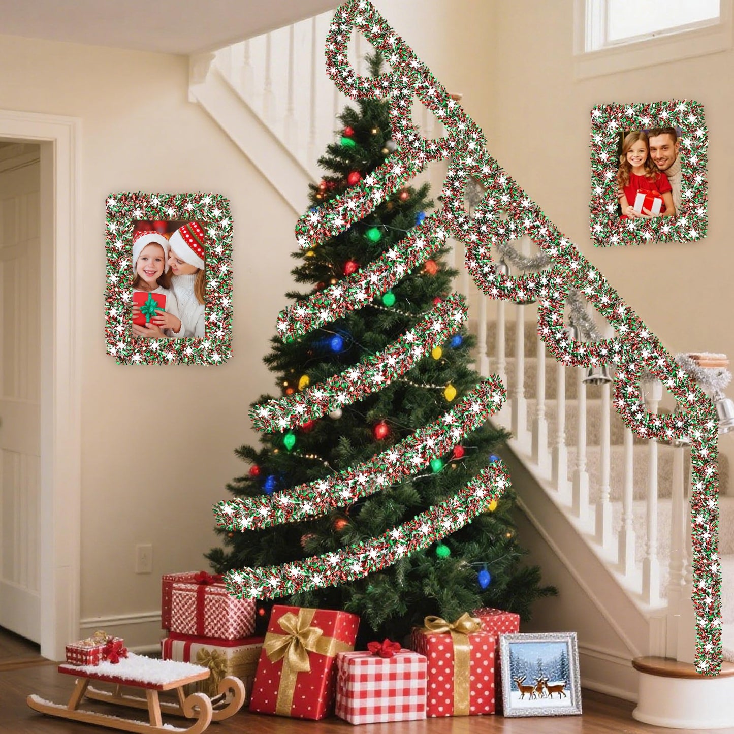 50 FT Christmas Decorations, Christmas Tinsel Garland with Snowflake Shiny Metallic Twist Red Green Silver Christmas Garland for Home Tree Mantle Stairs Indoor Outdoor Xmas Party Decorations