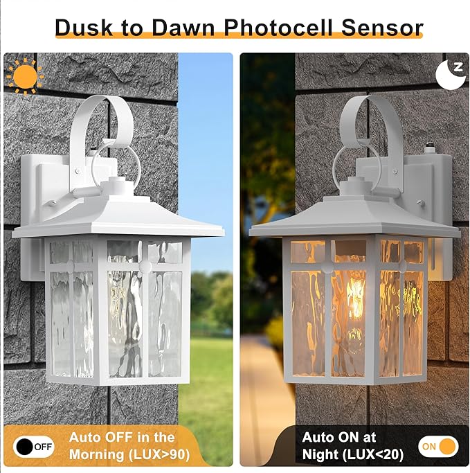 2 Pack Outdoor Dusk to Dawn Wall Lights, Outdoor Light Fixtures Wall Mount with Ripple Glass, Modern White Porch Lights, Aluminum Outoor Sconce Light for Entryway, Garage, Patio