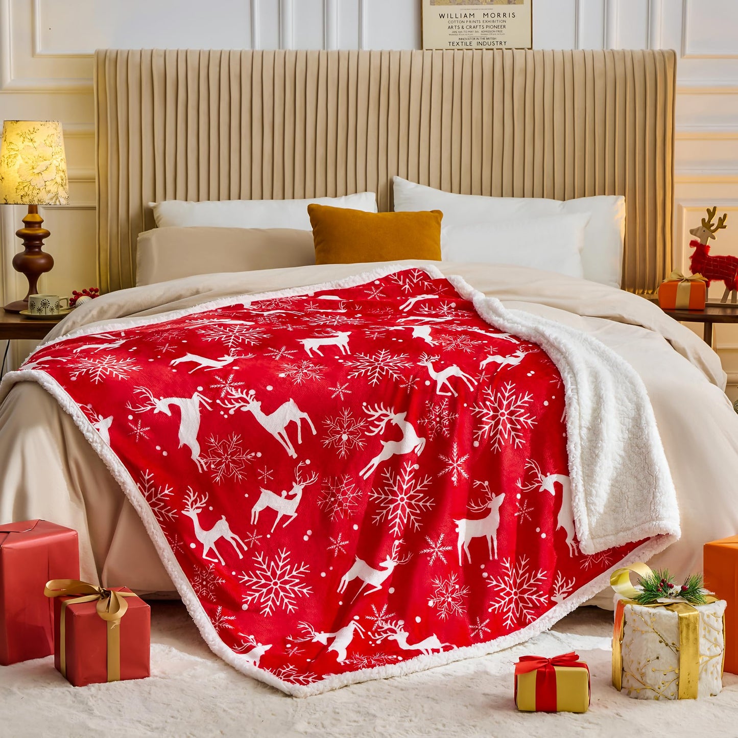 NORD ECO Christmas Throw Blanket, Christmas Decorations Gifts for Women, Sherpa Flannel Fleece Winter Holiday Blanket, Fluffy Cozy Soft Christams Throws for Couch Sofa Bed, Reindeer Stars, 50" X 60"