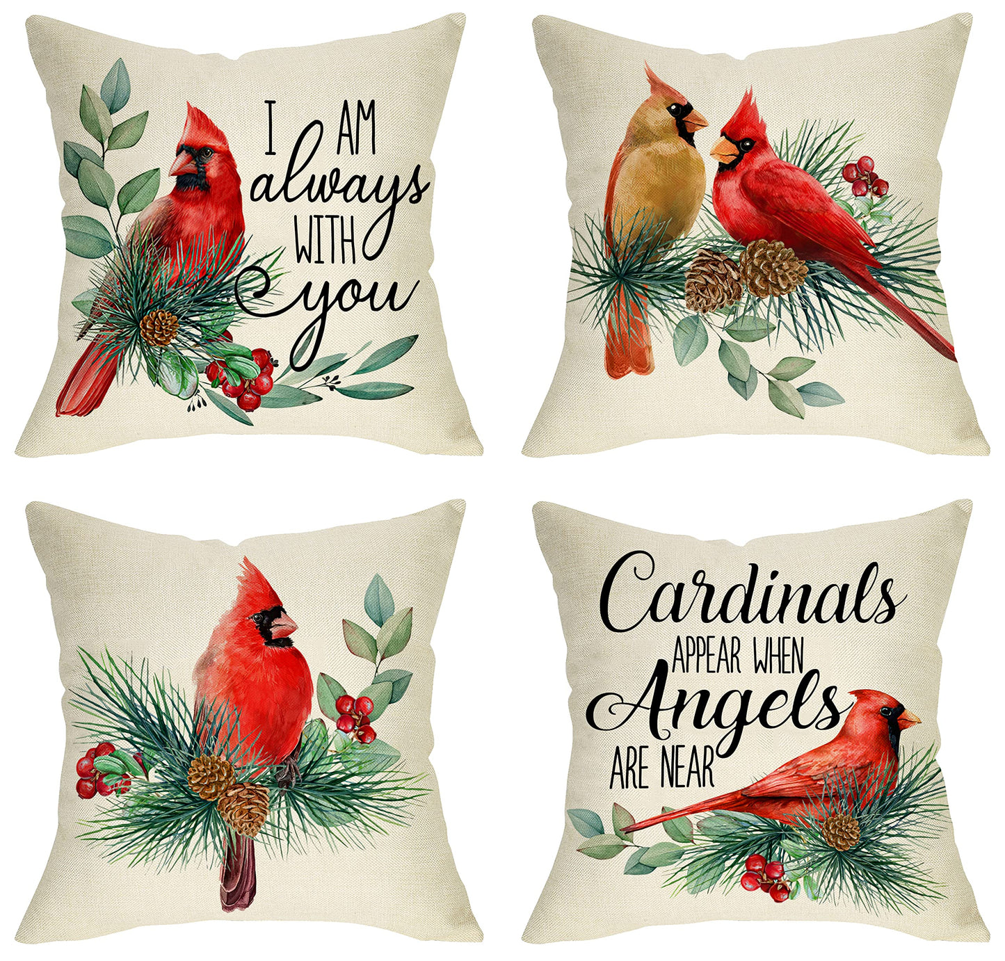 Ussap I Am Always with You Cardinal Red Birds Decorative Throw Pillow Cover Set of 4, Pine Cones Berry Cushion Case Decor, Winter Holiday Memorial Pillowcase Christmas Decorations for Sofa Couch 18x18