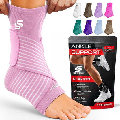 Sleeve Stars Ankle Brace for Women & Men, Ankle Wrap for Sprained Ankle, Compression Sleeve for Plantar Fasciitis Relief, Easy Customizable Support: w/Removable Strap (Single/S:9"-10"/Baby Pink)
