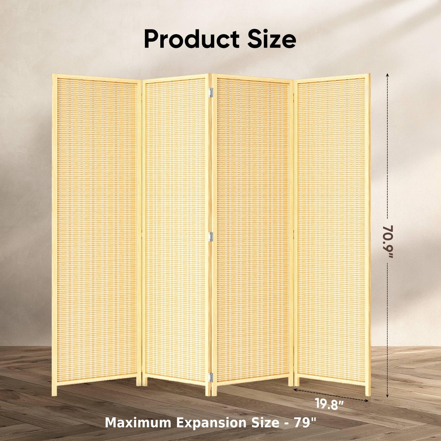 JOSTYLE Room Divider 4 Panel Folding Privacy Screen, Bamboo Room Divider Screen - 6 ft. Tall Wall Divider for Room Separation Freestanding Partition Separators, Beige, 70.9" H x 79.9" W