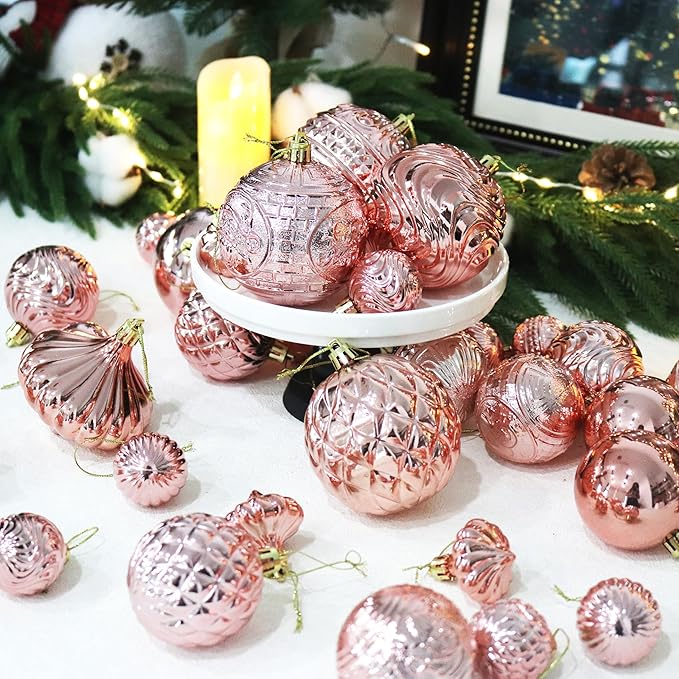Senjie 36pcs Rose Gold Christmas Ornaments Set: Eclectic Classic, Shatterproof Plastic Balls with Hanging Loops for Christmas, Halloween, Anniversary, Wedding