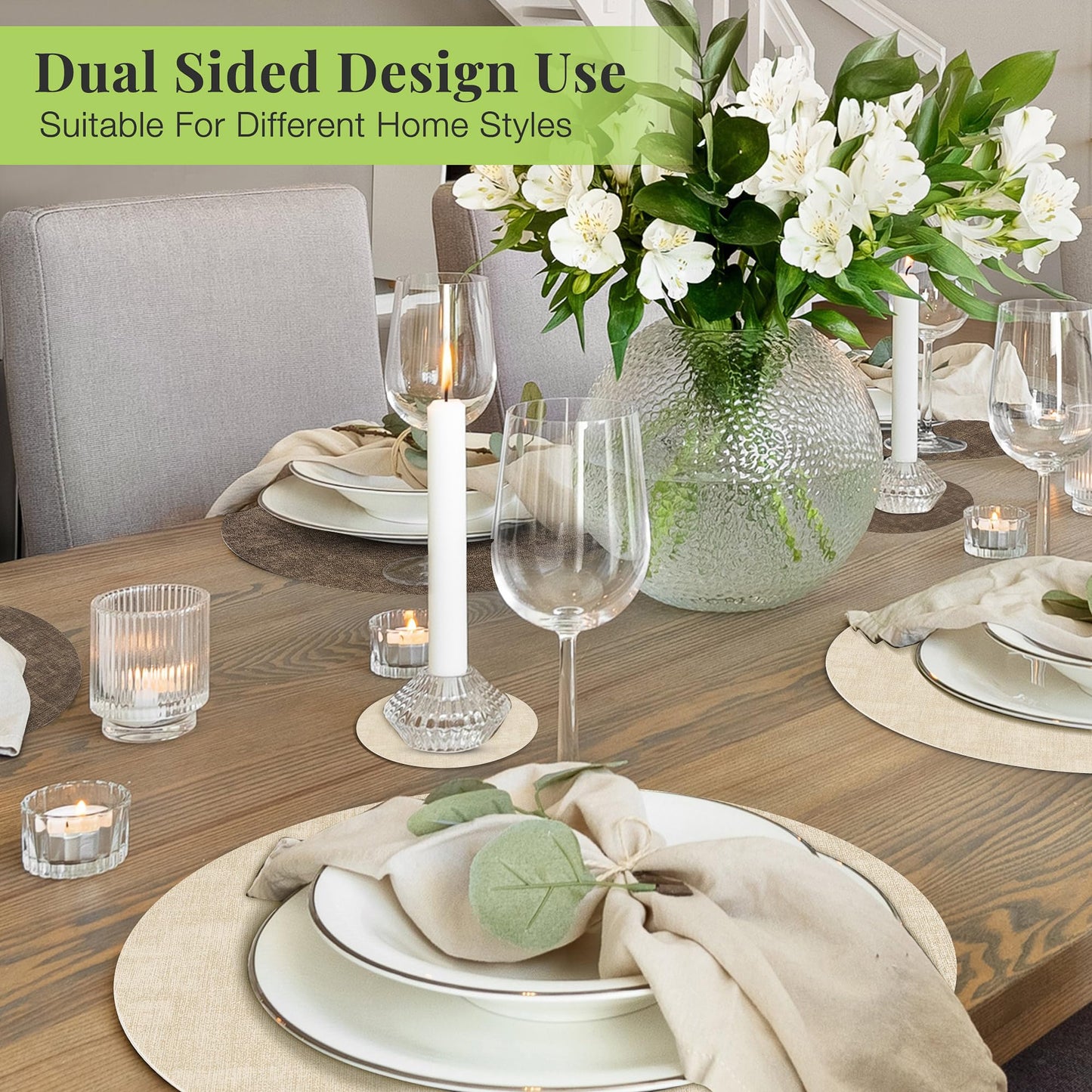13-Inch Faux Leather Round Placemats Set of 6, Waterproof Anti-Slip Dual Sided Place mats, Heat Resistant Washable Table Mats with Coaster, Suitable for Indoor & Outdoor (6, Beige Dark Coffee)