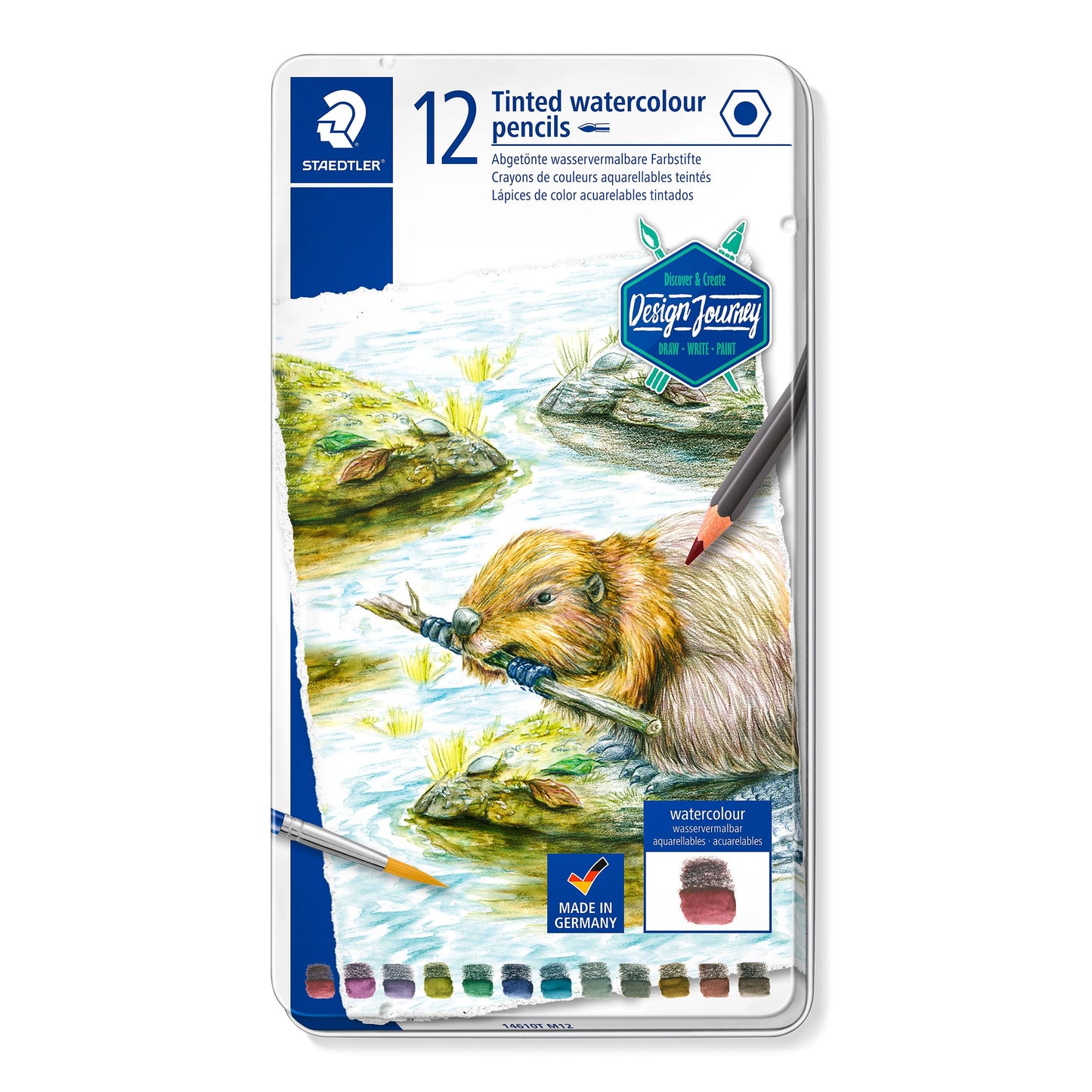 Staedtler Water-Soluble Tinted Graphite Pencils, Watercolor Artist Set, Pre-sharpened, 12 Colors in Metal Tin, 14610T M12