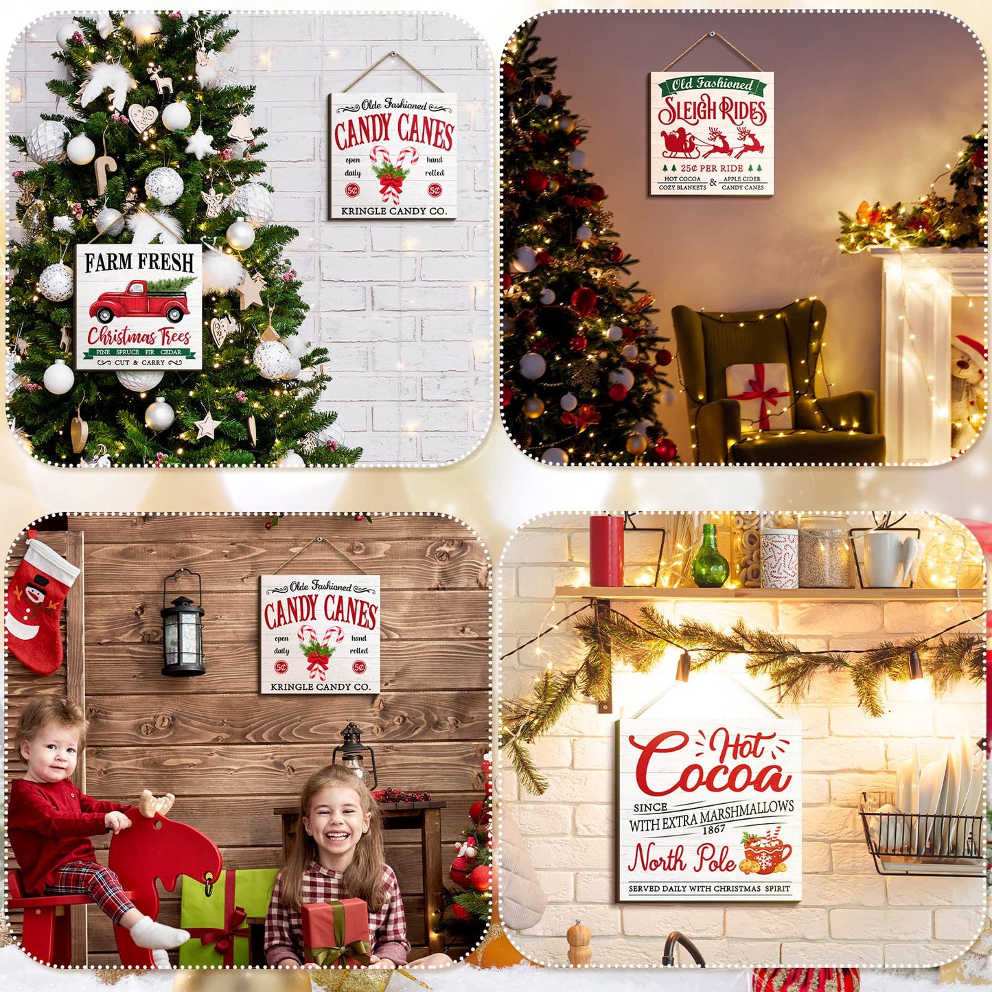 Pinkunn 4 Pieces Christmas Hanging Wooden Sign Christmas Wall Decorations Farm Fresh Hot Cocoa Candy Canes Sleigh Rides Deer Truck Decor Xmas Farmhouse Hanging Plaque for Home Porch Holiday
