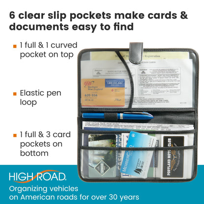 High Road Car Document Holder - Registration and Insurance Card Holder and Car Visor Organizer with 6 Clear Pockets and Pen Loop for Driving Documents, Cards and Paperwork