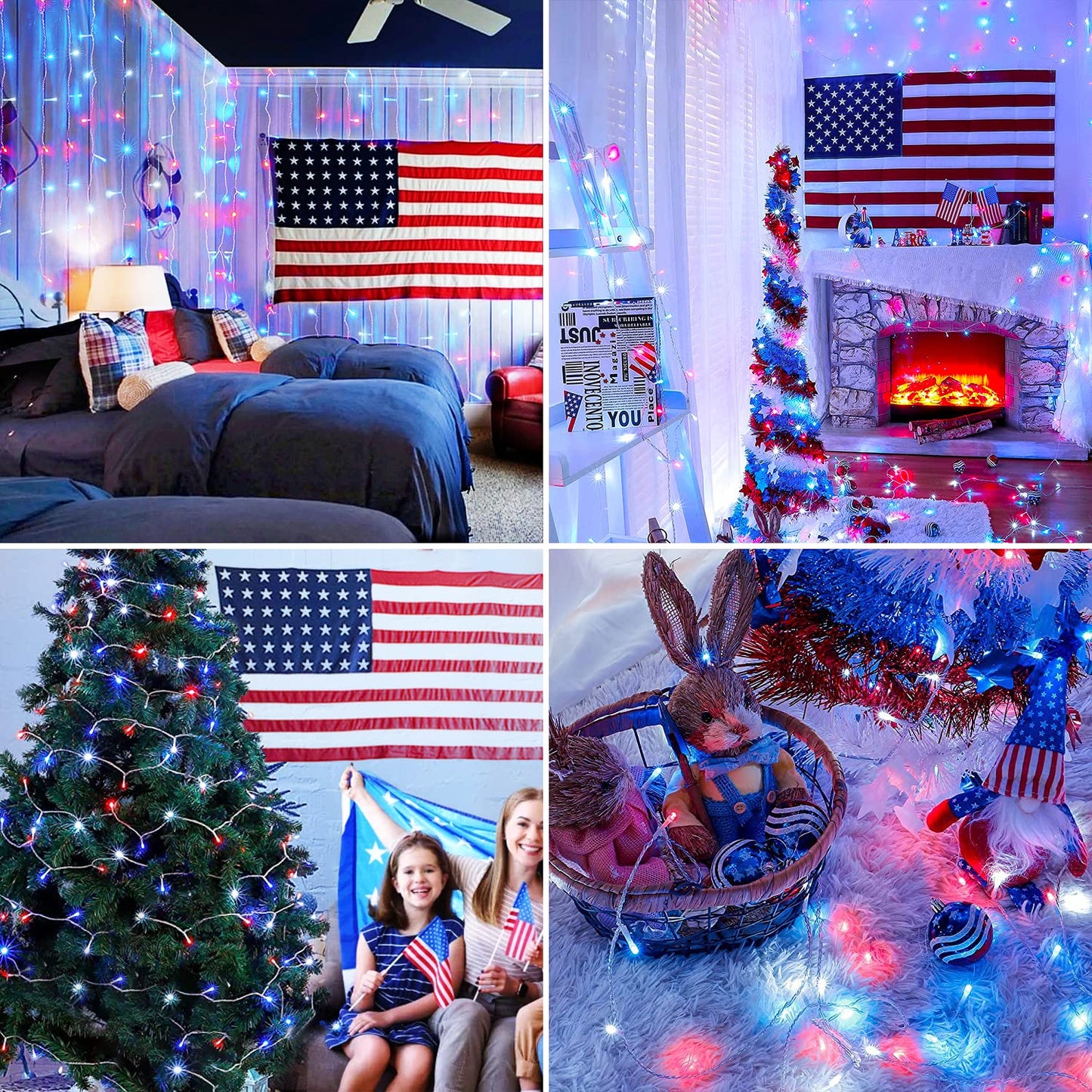 JMEXSUSS Red White and Blue Lights Clear Wire, 66 Ft 200 LED 4th of July Decorations String Lights Plug in, Christmas Light for Independence Day Celebration Party Memorial Day Patriotic Holidays Decor