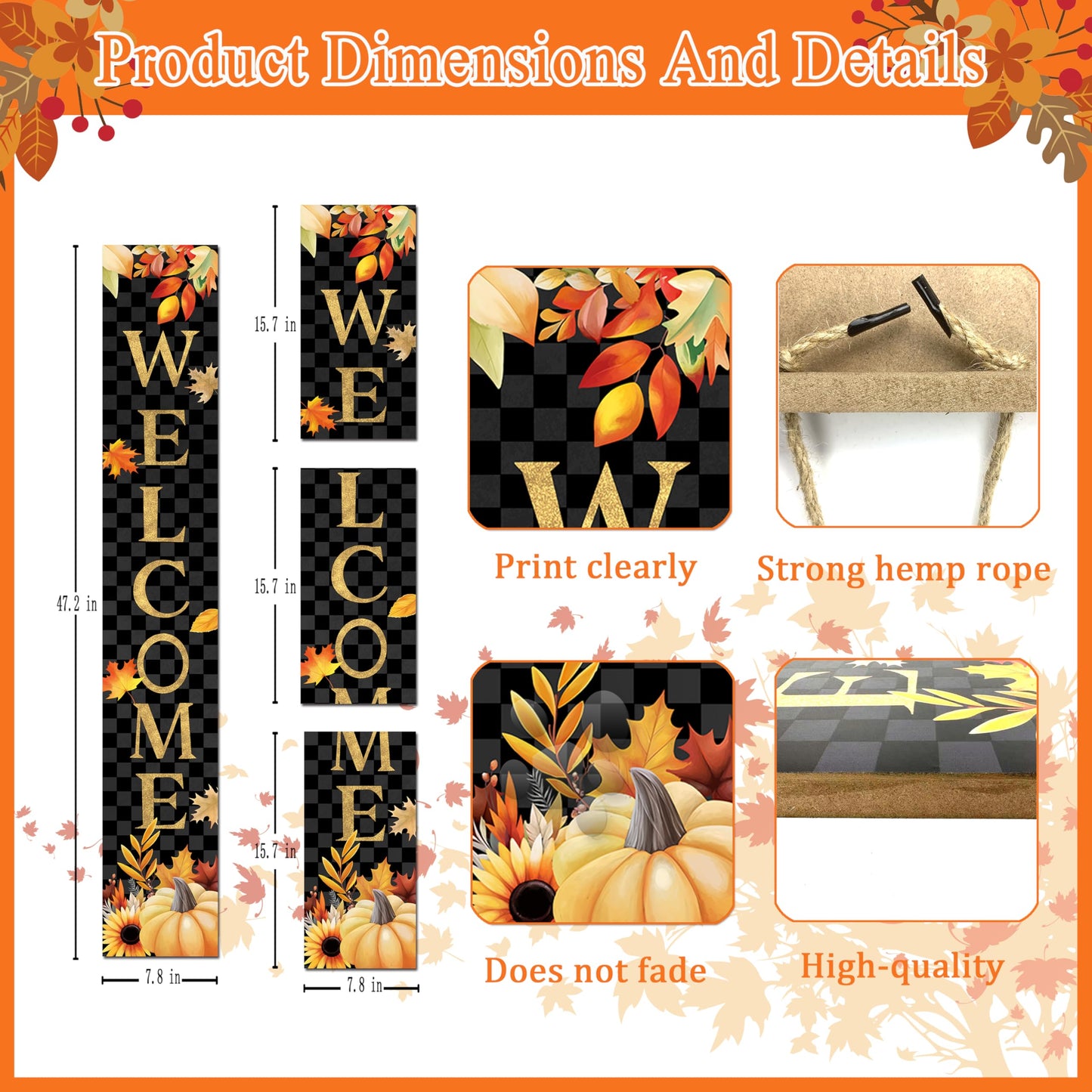 Fall Wooden Porch Sign 47" Autumn Pumpkin Maple Leaf Front Door Welcome Sign Vertical Standing Sign For Garden Home Yard Farmhouse Thanksgiving Decor