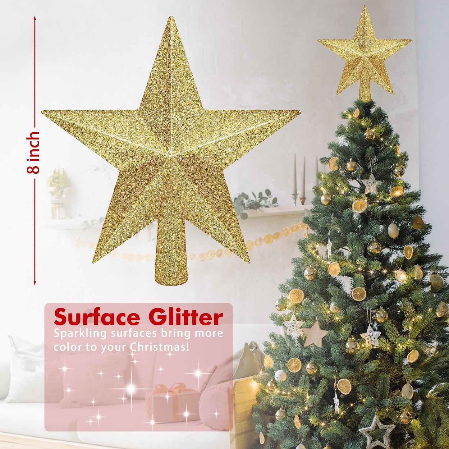 Christmas Tree Star Topper, 8" Gold Xmas Star Tree Decorations, 3D Shatterproof Bethlehem Star Tree Topper Decorations, Waterproof Christmas Tree Topper Decor for Holiday Home Outdoor Ornament