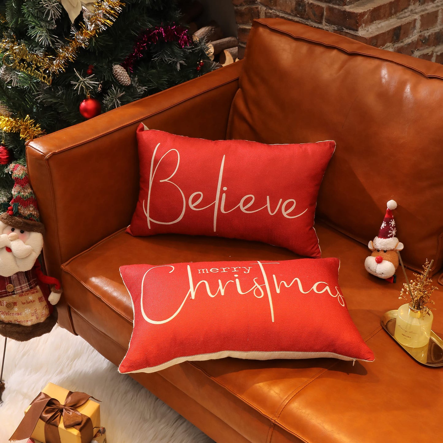 DFXSZ Christmas Throw Pillow Covers 12x20 Inch Set of 2 Merry Christmas Farmhouse Decorations Believe Holiday Decor Throw Cushion Case for Home Couch